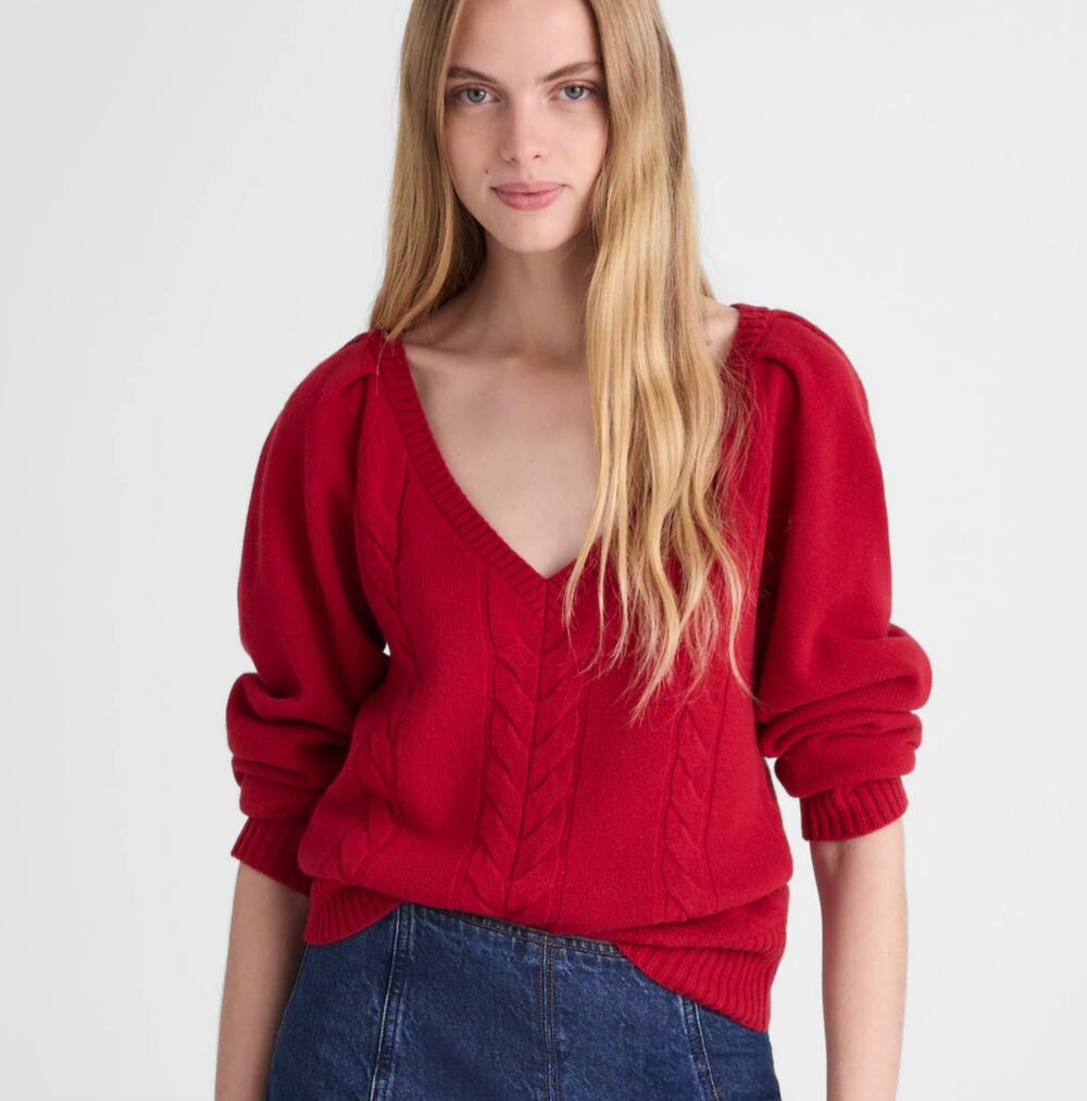 Madewell V-Neck Pullover Sweater Merino Wool XS Red NWT NY444 Cable Knit Prep